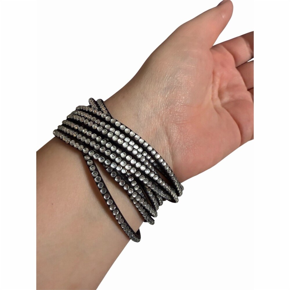 Sparkly Bracelet Black Multi-Row Rhinestone Wrap Cuff Adjustable Snap 90’s - Picture 6 of 12